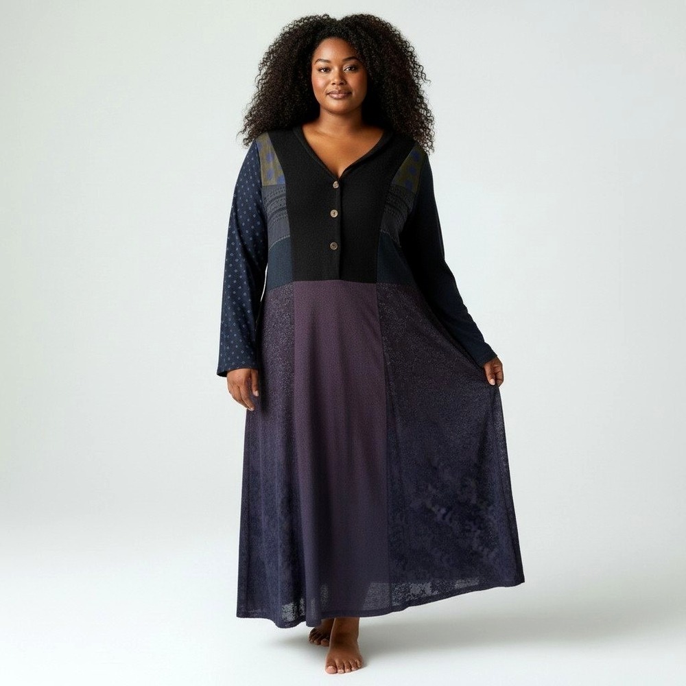 Citron Patchwork Maxi Dress Boho Art To Wear Button Front Lagenlook Women M L